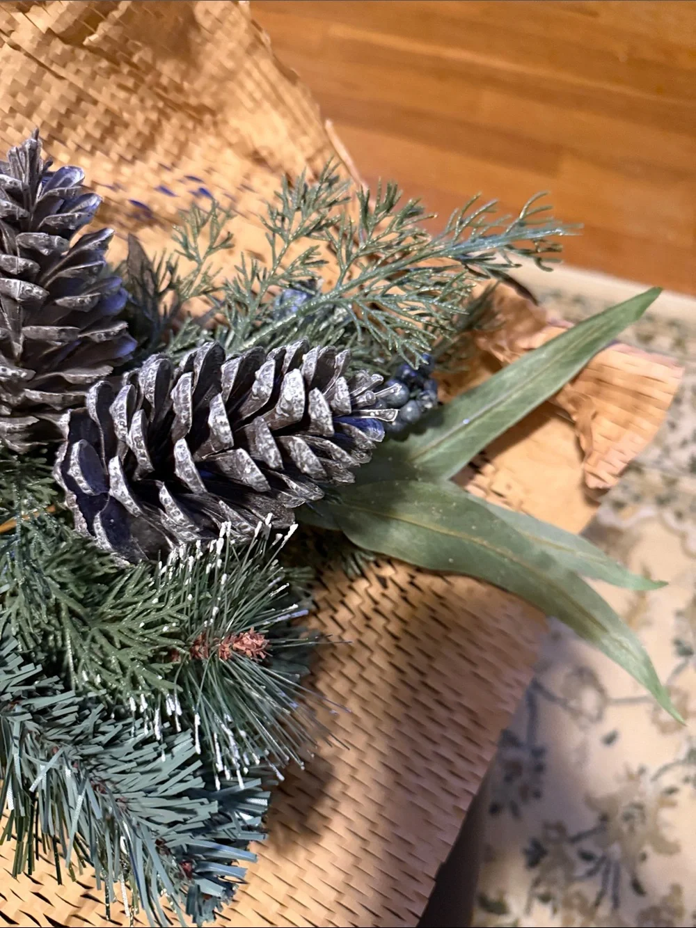Flocked Pinecone Holiday Pick - Green and White